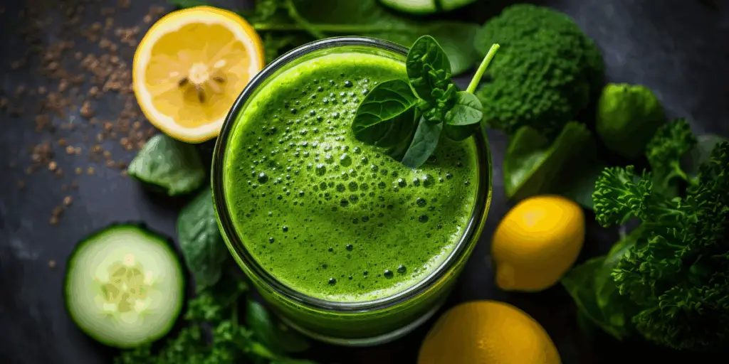 Verre d jus detox avec du citron et d'autres aliments.